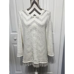 Pappagallo Womens White Cut Out Fringe Long Sleeve Knit Light Sweater Large